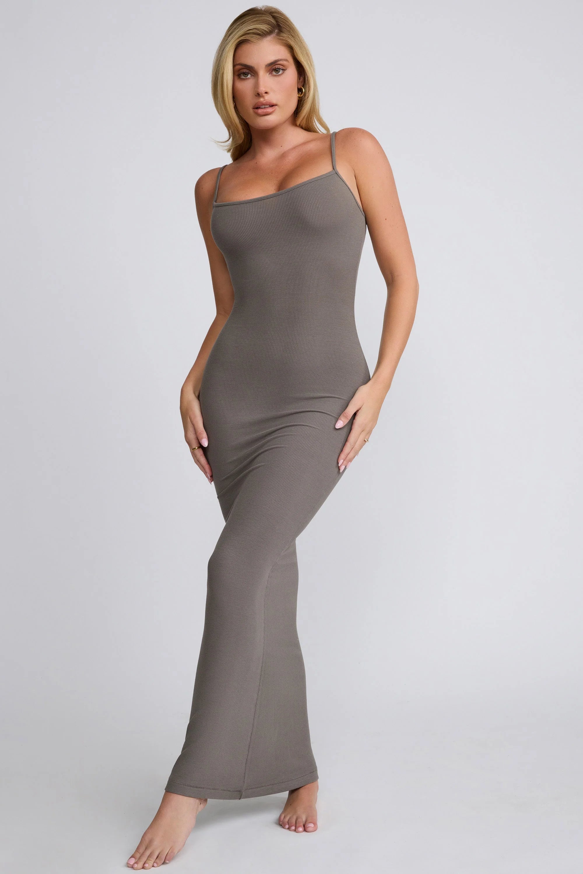 Ribbed Modal Square Neck Maxi Dress in Grey