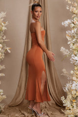 Strapless Thigh High Split Maxi Dress in Tan