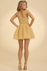 Mini abito con gonna in tulle con corsetto decorato in oro