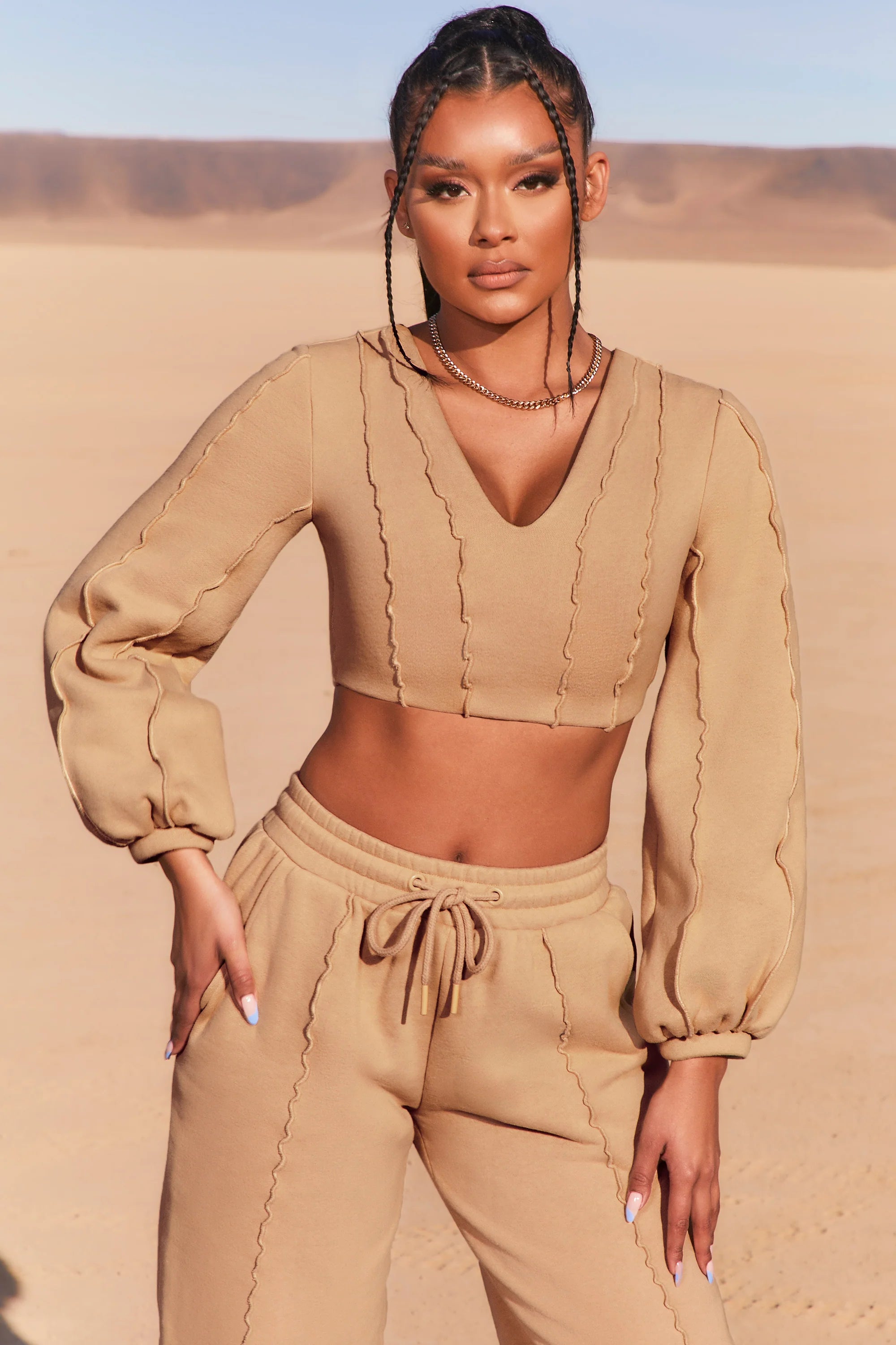 Uncovered Exposed Seam Bardot Crop Top in Beige