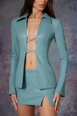 Tie Front Vegan Leather Shirt in Light Teal