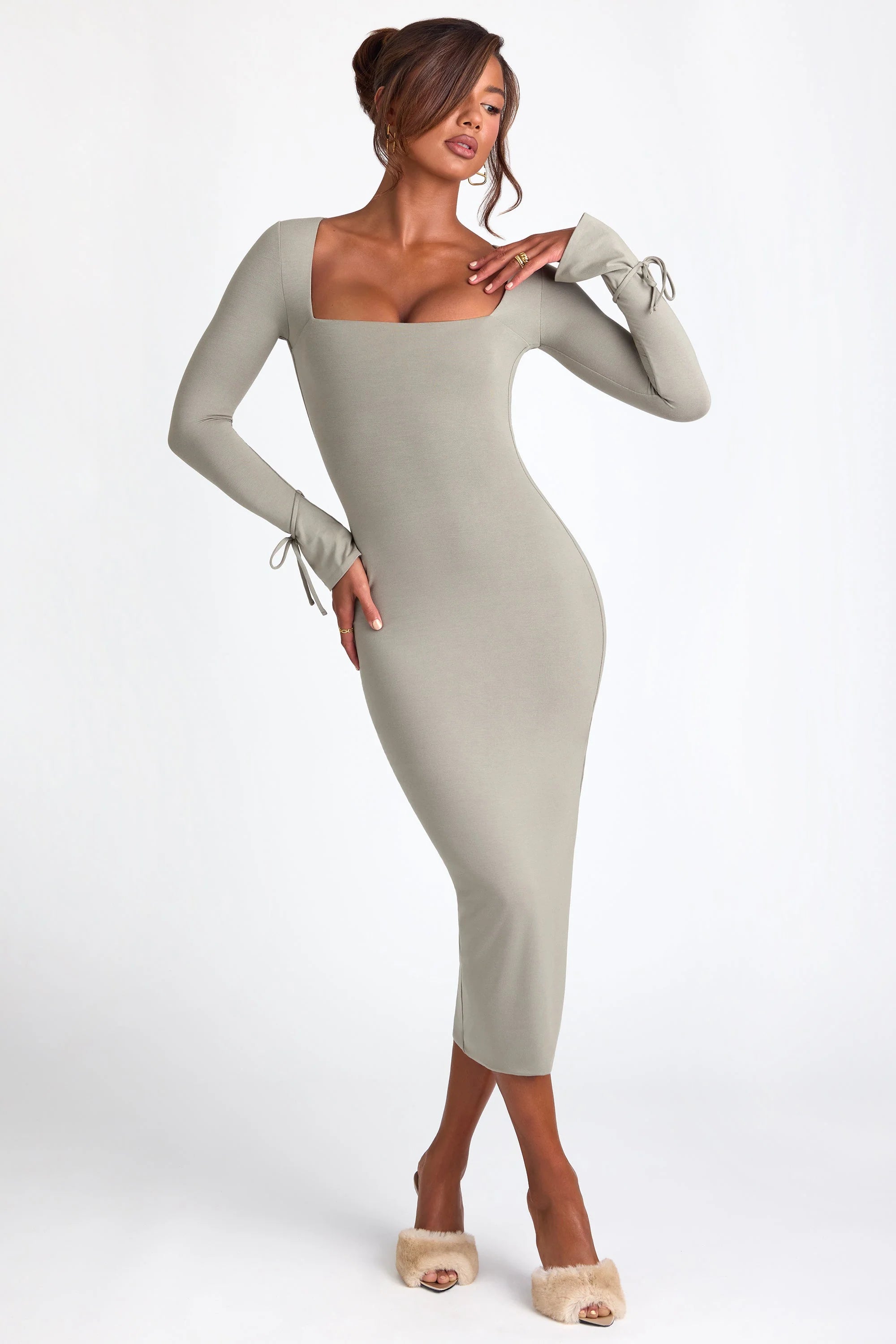 Modal Square Neck Long Sleeve Midaxi Dress in Sage Green