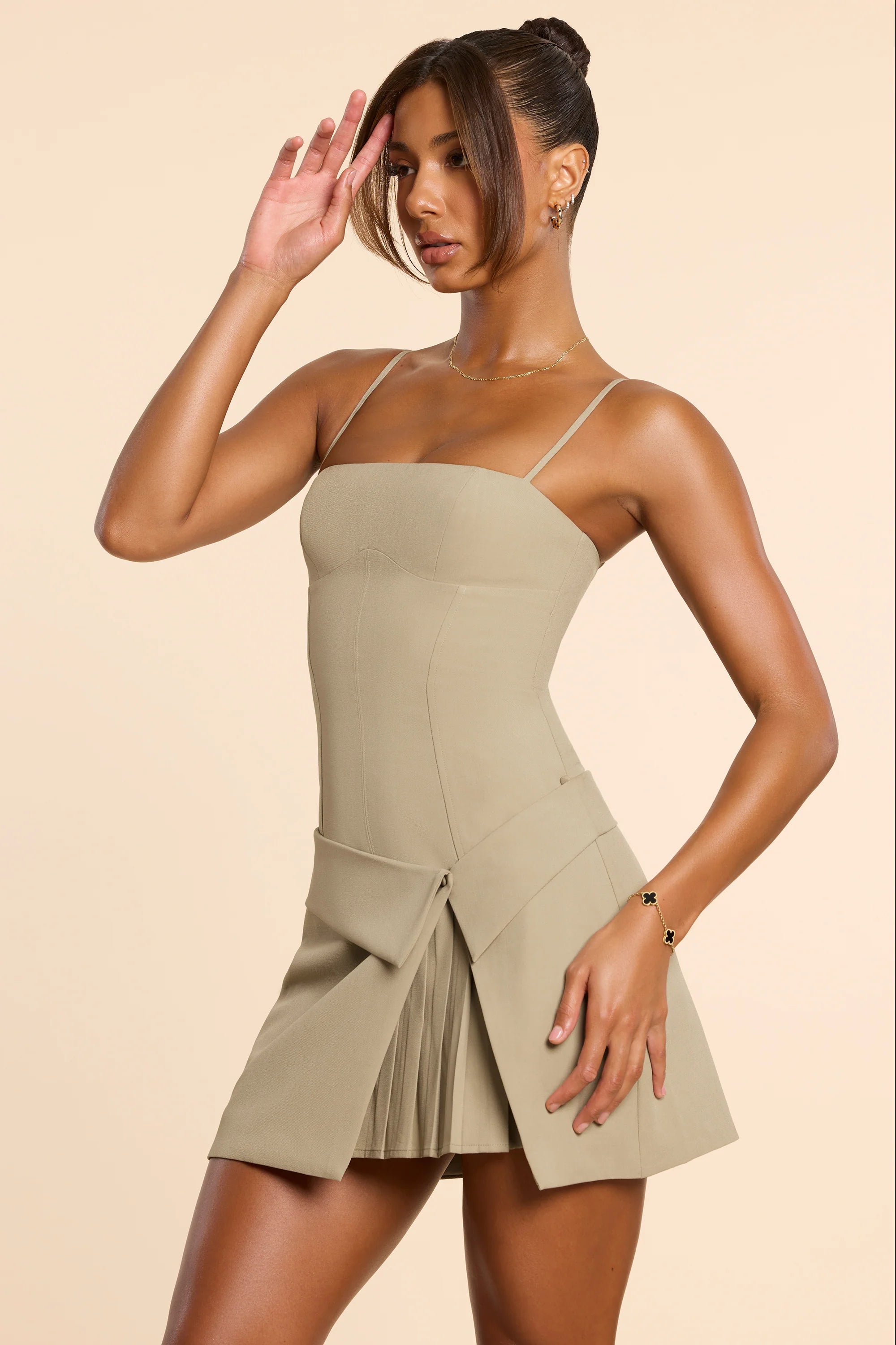 Woven Twill Wrap Over Pleated Mini Dress in Taupe