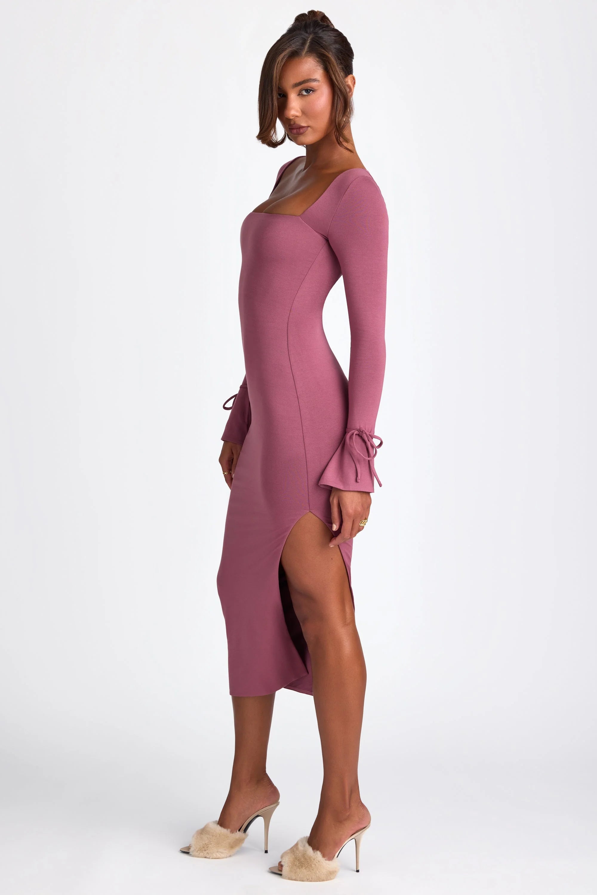 Modal Square Neck Long Sleeve Midaxi Dress in Plum