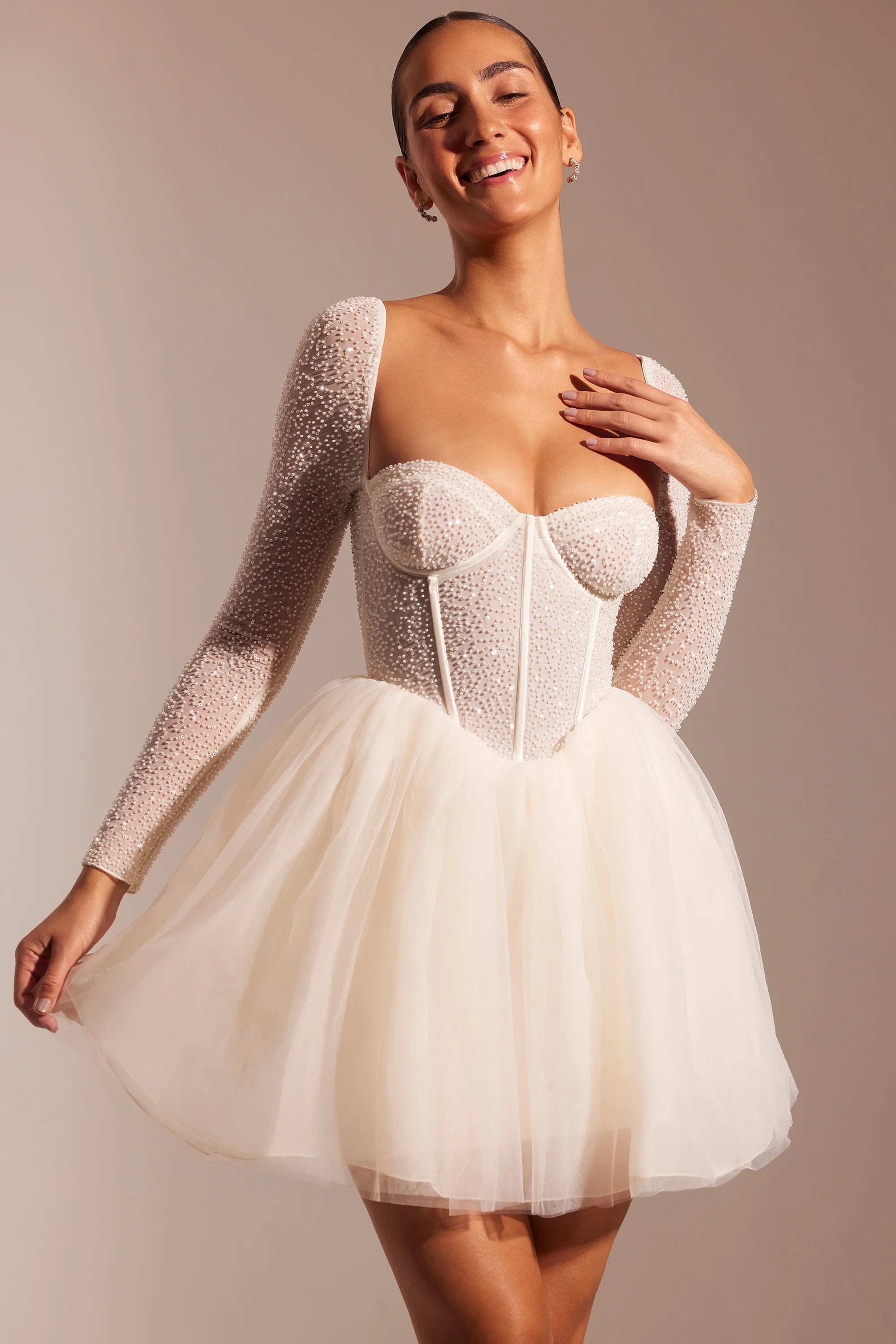 Embellished Long Sleeve Tulle Skirt Mini Dress in Ivory