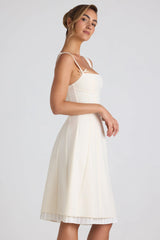 Bow-Embellished Pleated A-Line Midi Dress in Ivory