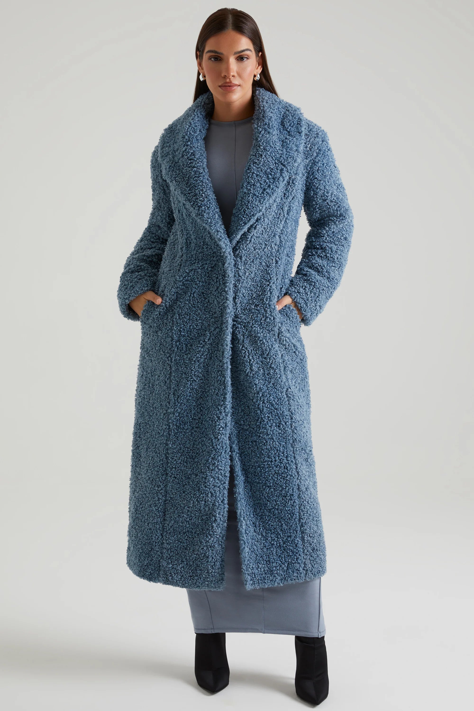 Cappotto lungo in shearling in blu