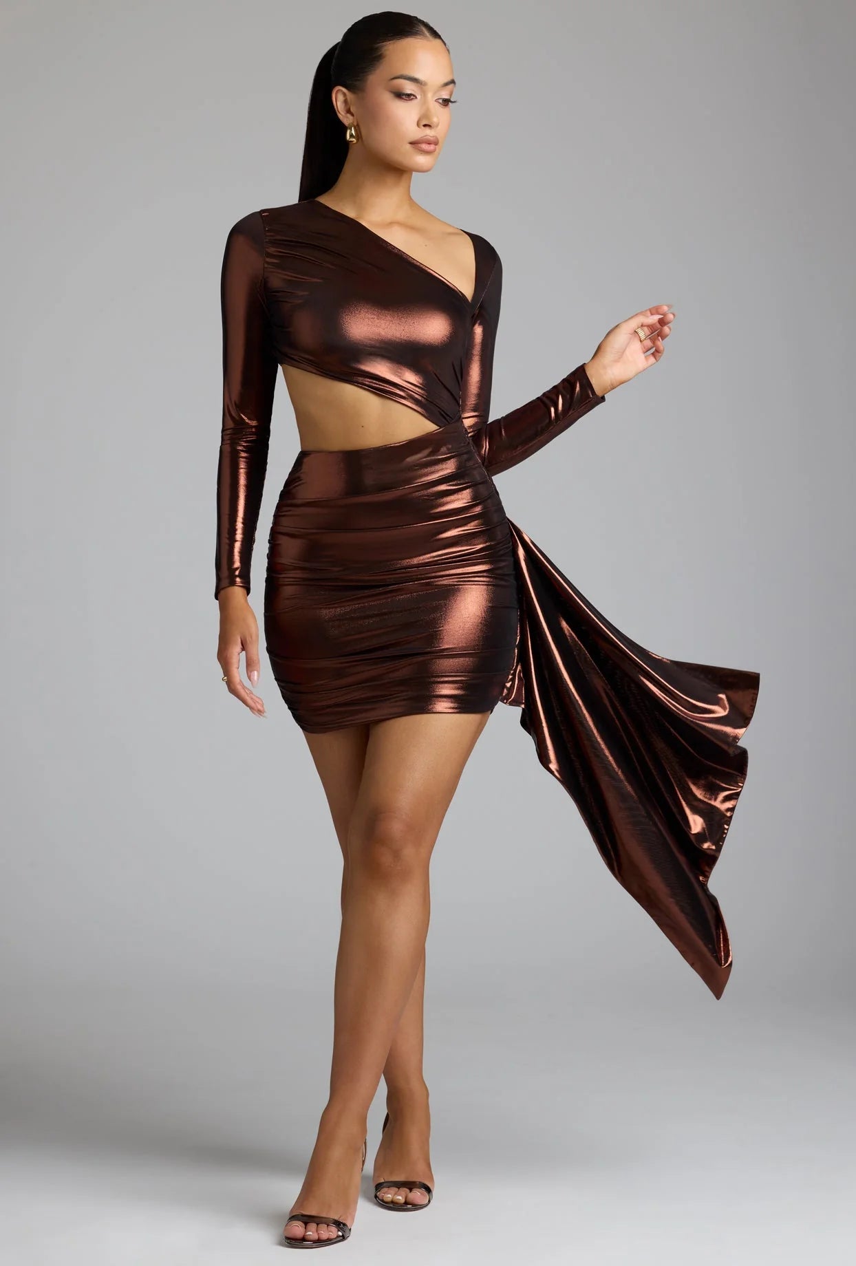 Cut Out Metallic Jersey Mini Dress in Copper Bronze