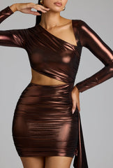 Cut Out Metallic Jersey Mini Dress in Copper Bronze