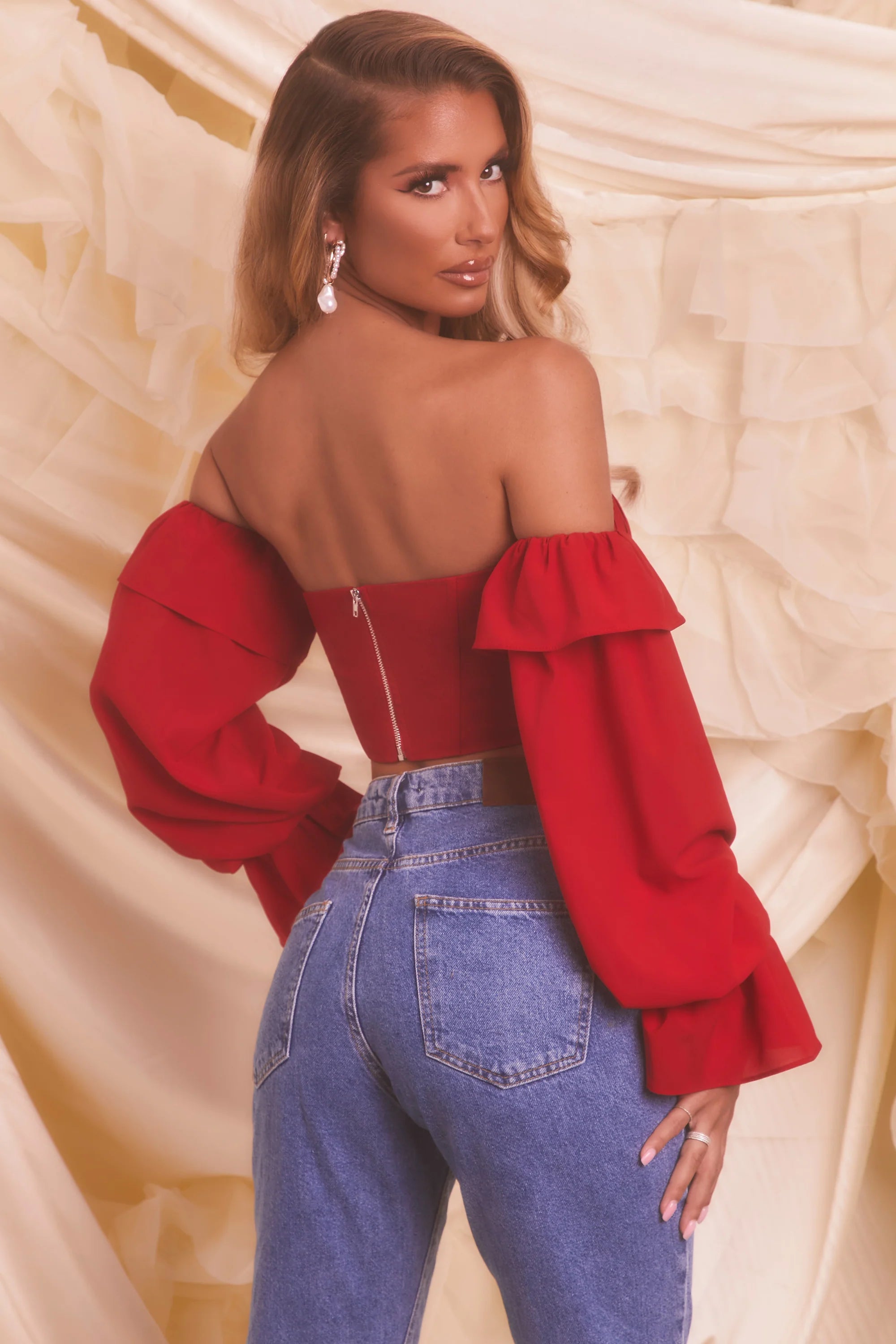 Chasing Love Bardot Long Sleeve Crop Top in Red