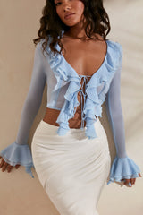 Long Sleeve Ruffle Blouse in Light Blue