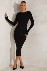 High Neck Long Sleeve Open Back Midaxi Dress in Black