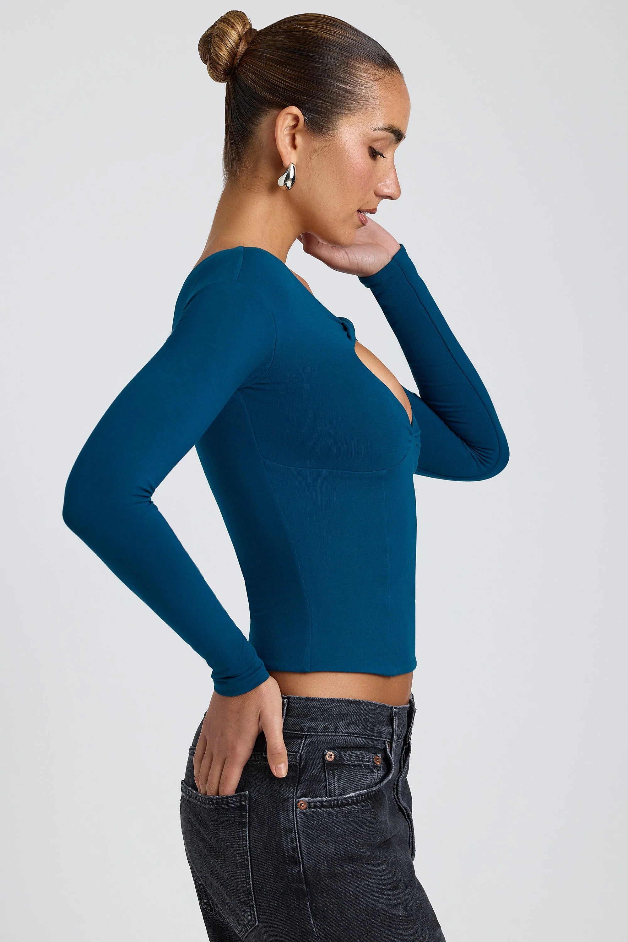 Modal Twist-Front Long-Sleeve Crop Top in Deep Teal