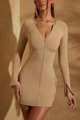 Long Sleeve Zip Front Mini Dress in Tan