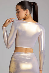 Plunge Neck Metallic Jersey Crop Top in Light Gold