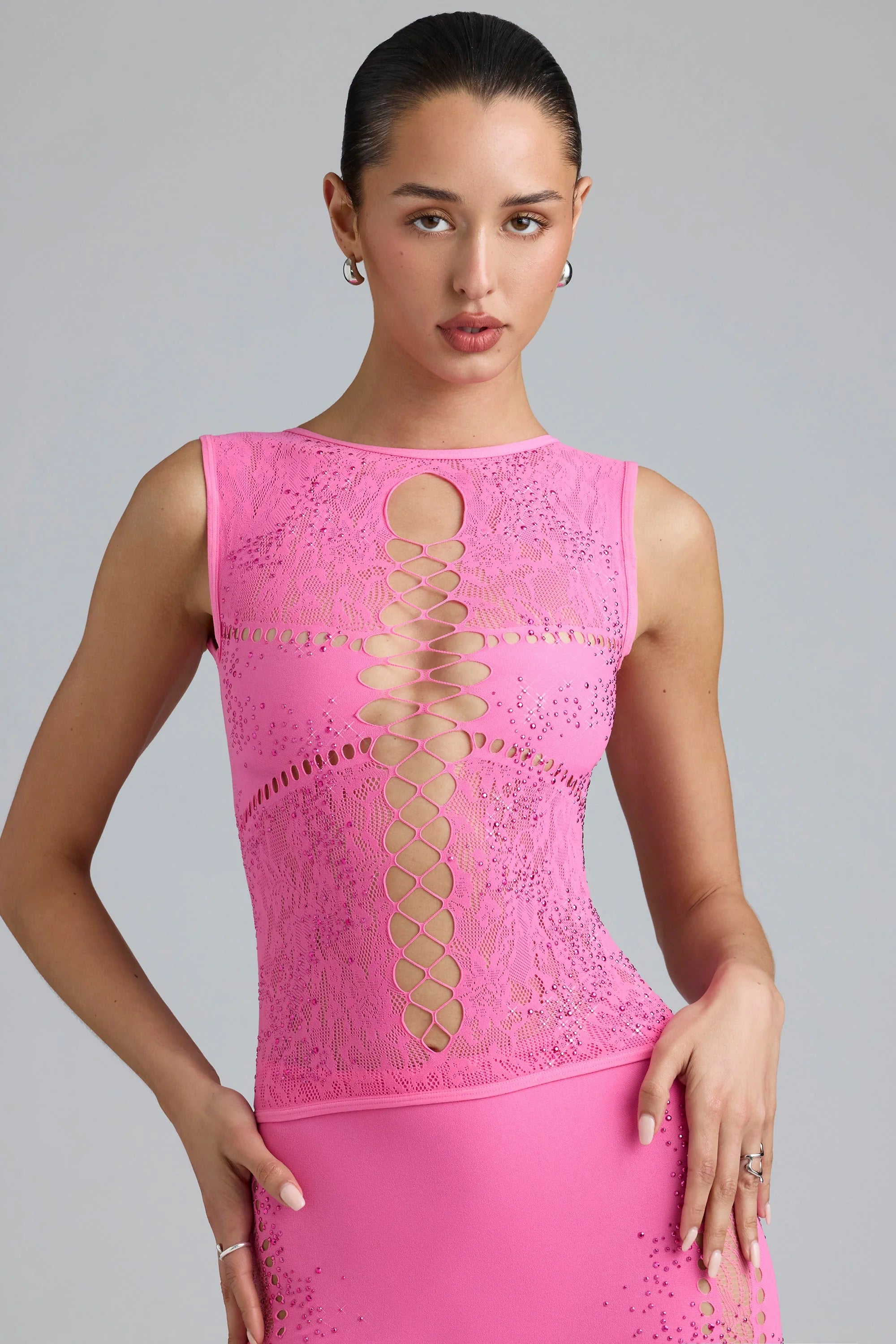 Embellished Lace-Up High-Neck Top in Bubblegum Pink