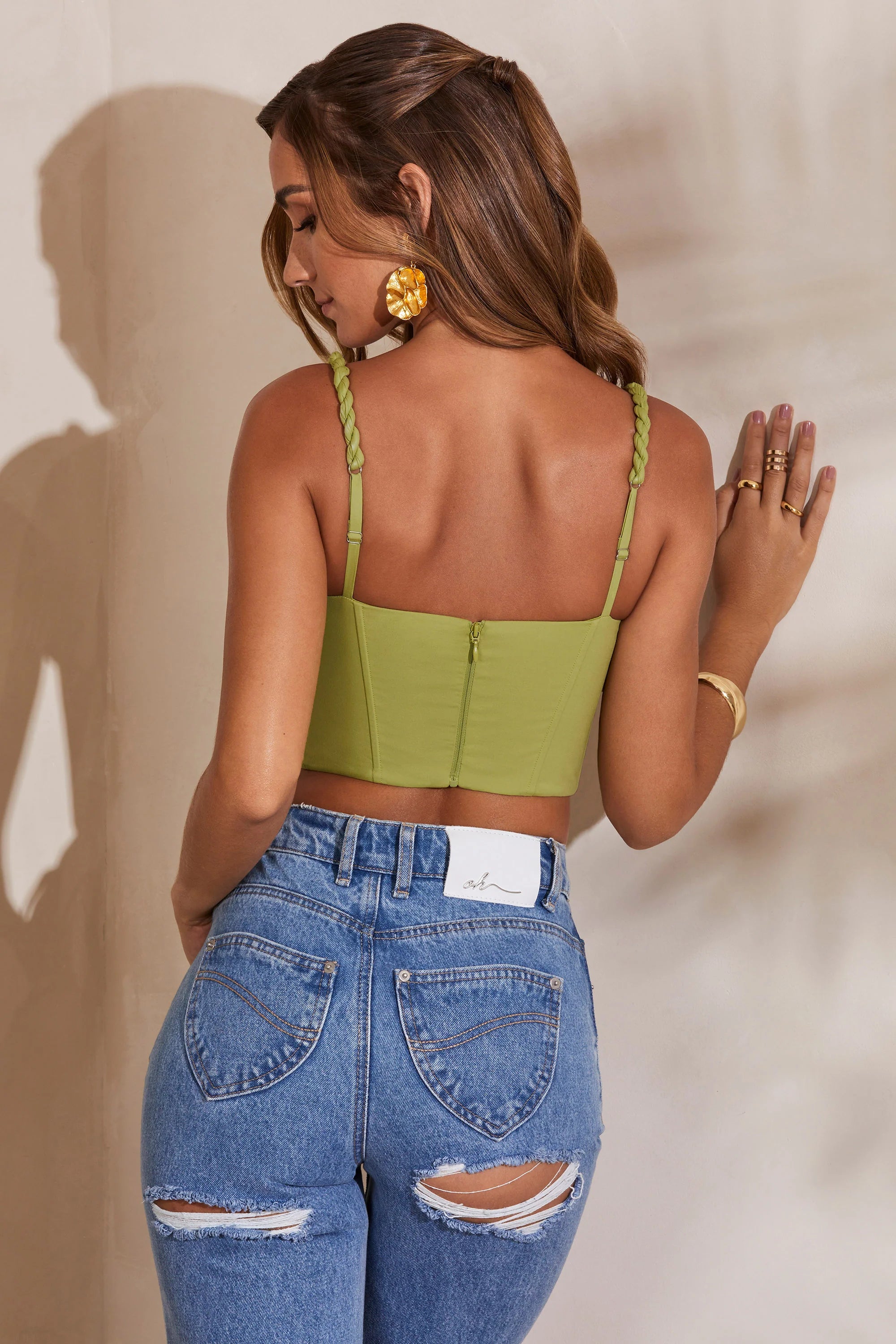 Slight Cowl Neckline Corset Crop Top in Green