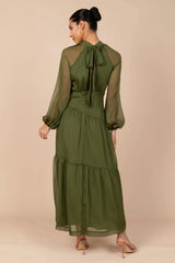 Julip Sheer Long Sleeve Maxi Dress - Olive