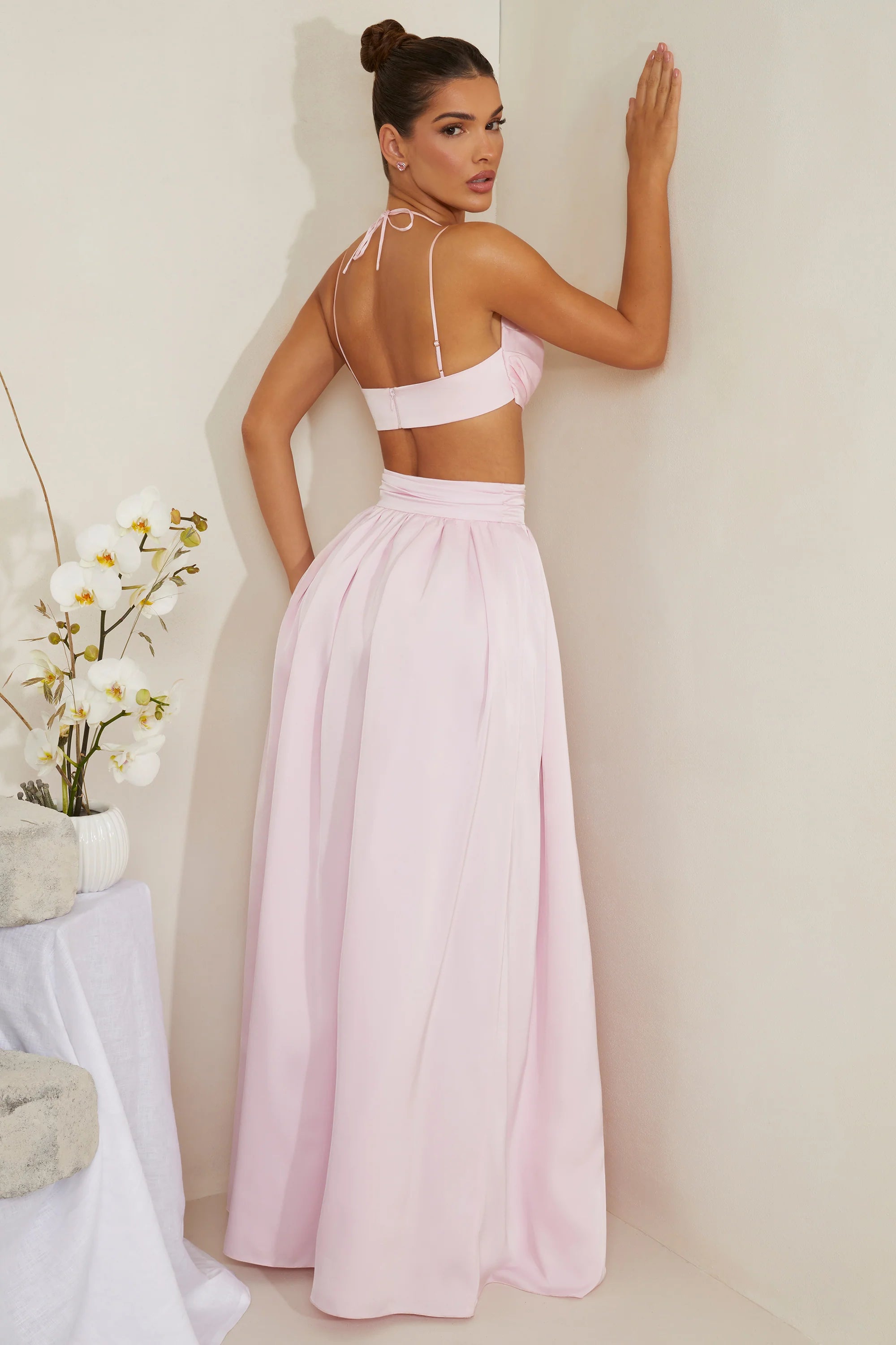 Cowl Neck Heavy Satin Crop Top in Pink