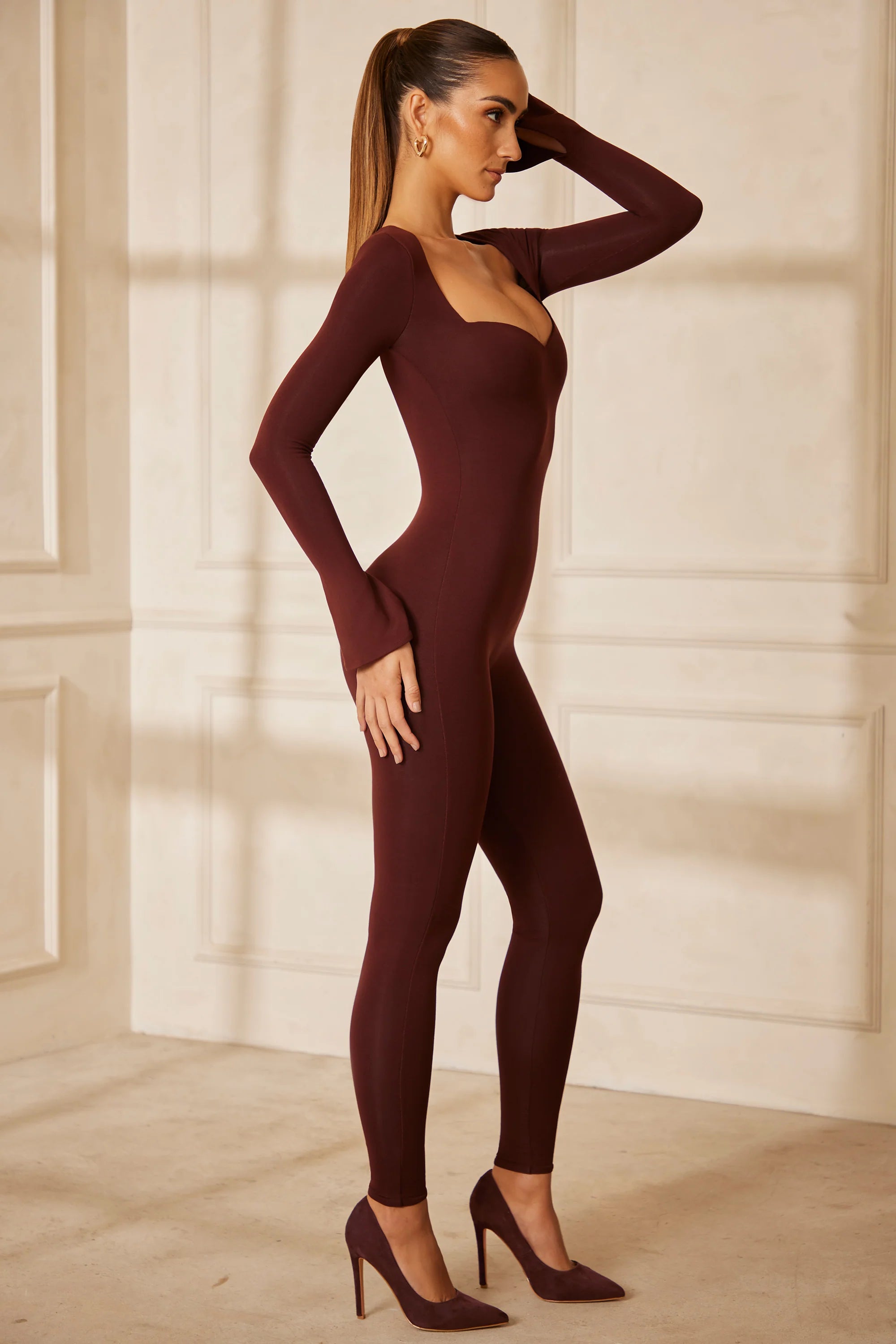 Sweetheart Neckline Long Sleeve Jumpsuit in Brown