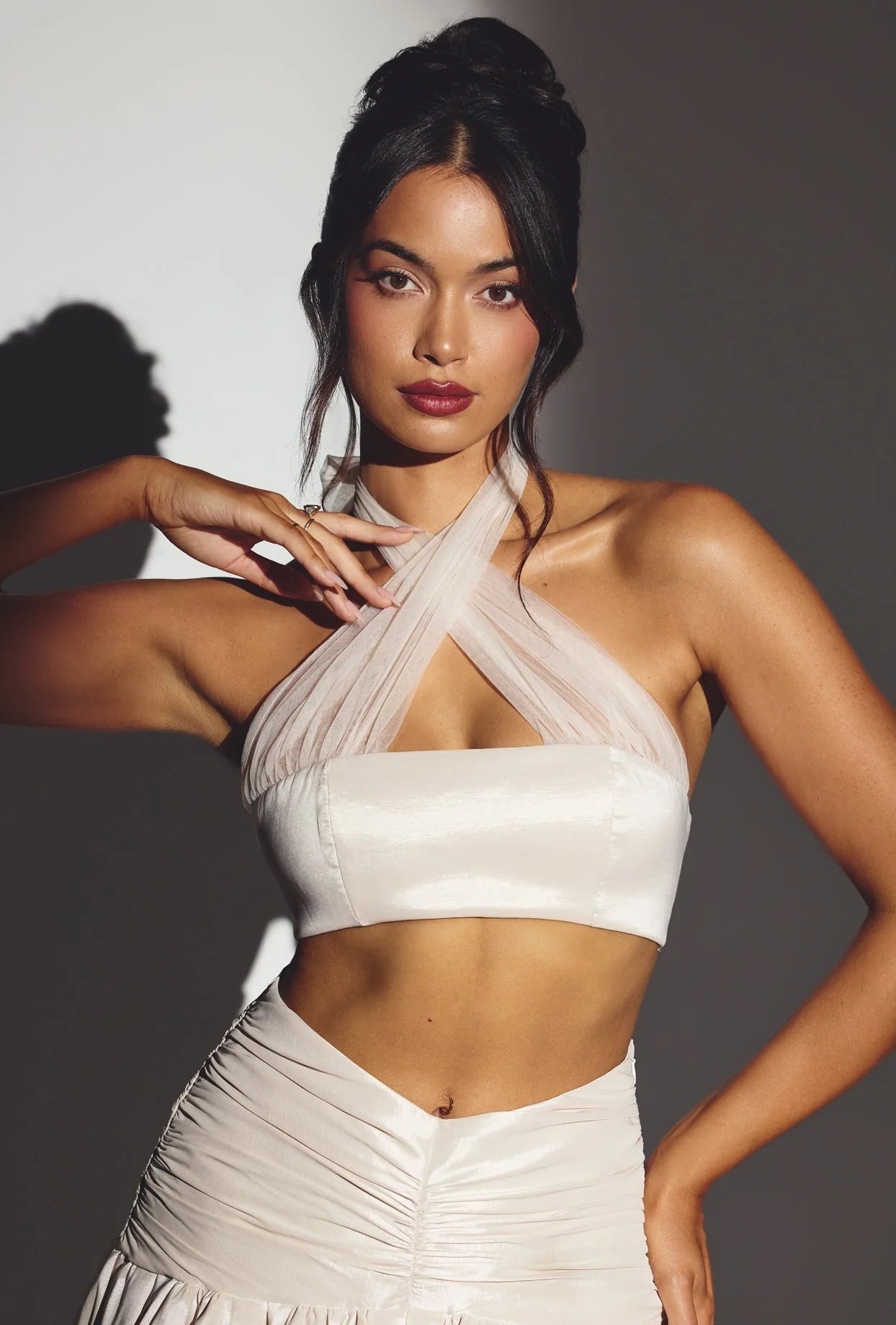 Taffeta Halter Neck Crop Top in Ivory