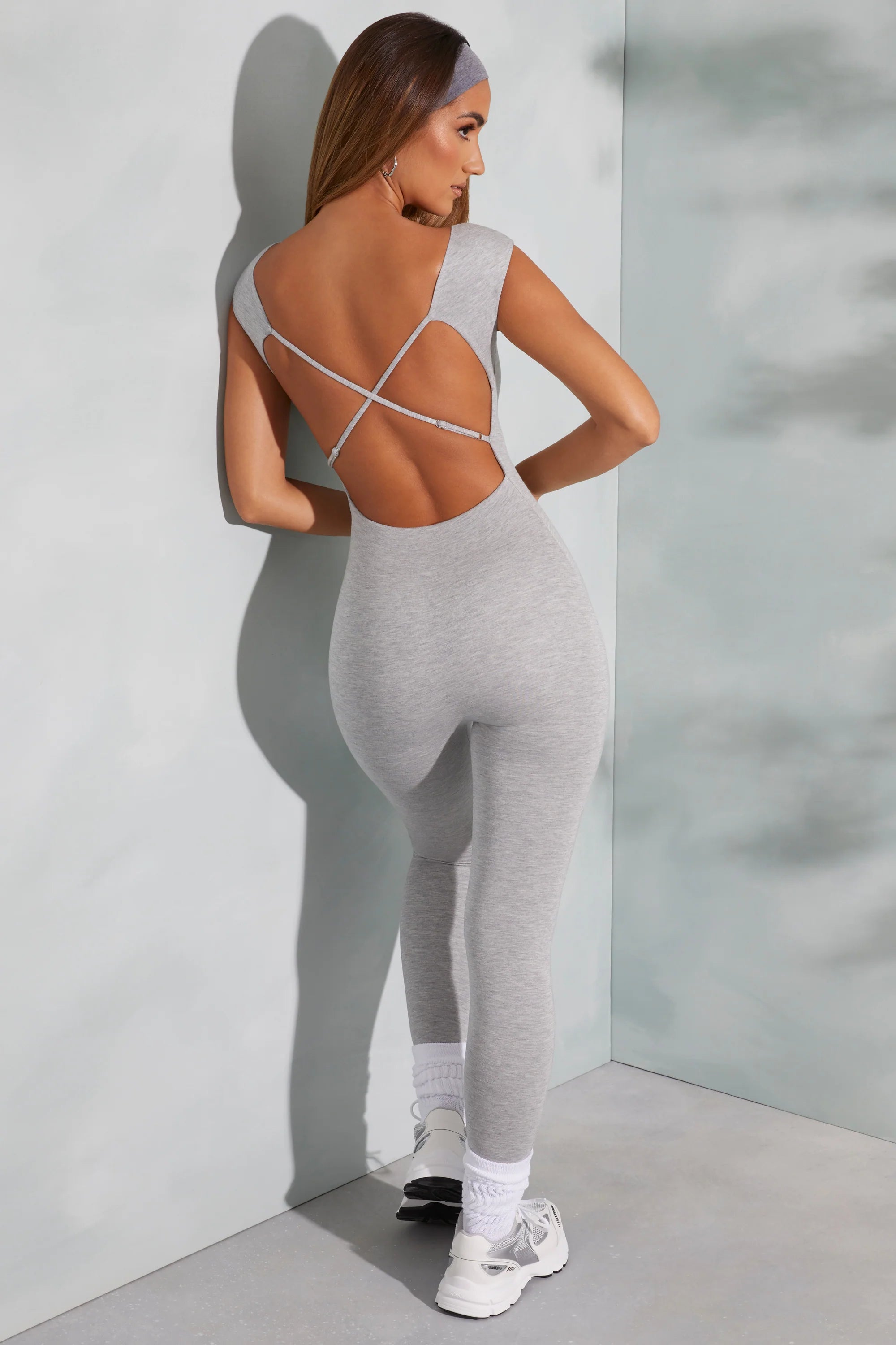 Open Back Scoop Neck Jumpsuit in Marled Grey