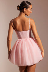 Mini abito con gonna in tulle con corsetto decorato color cipria