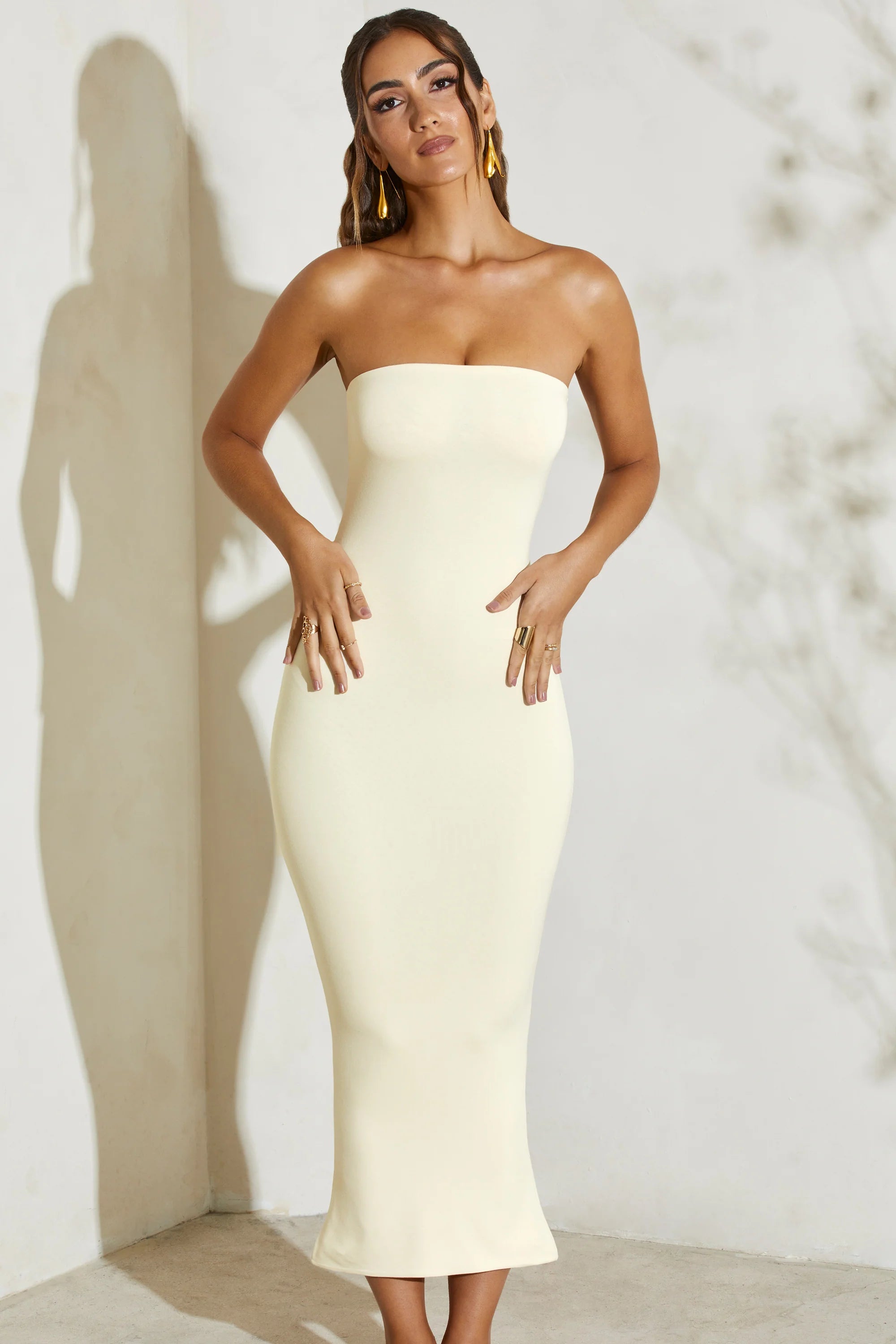 Strapless Flared Hem Midaxi Dress in Ivory