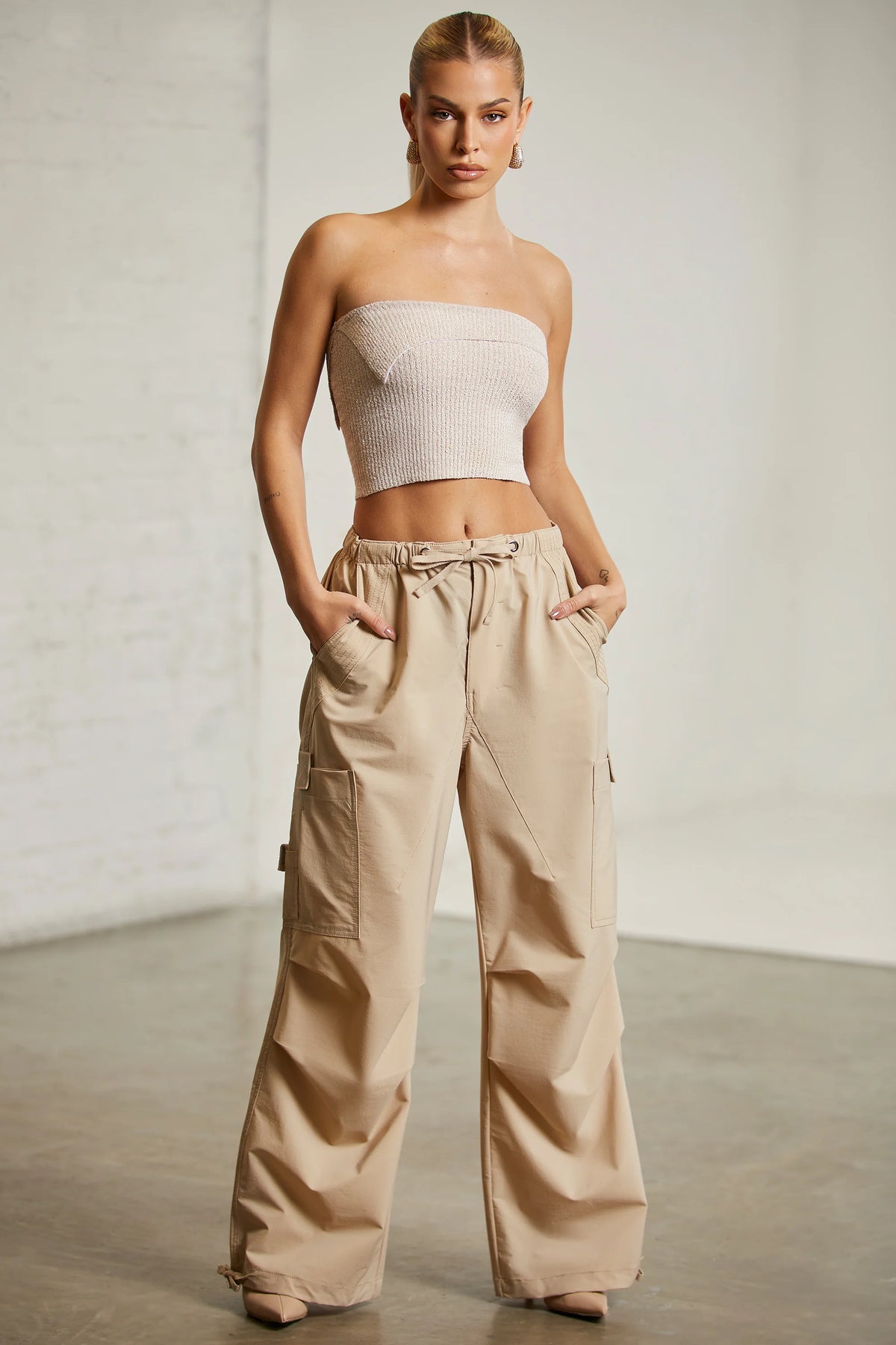 Wide Leg Cargo Trousers in Beige