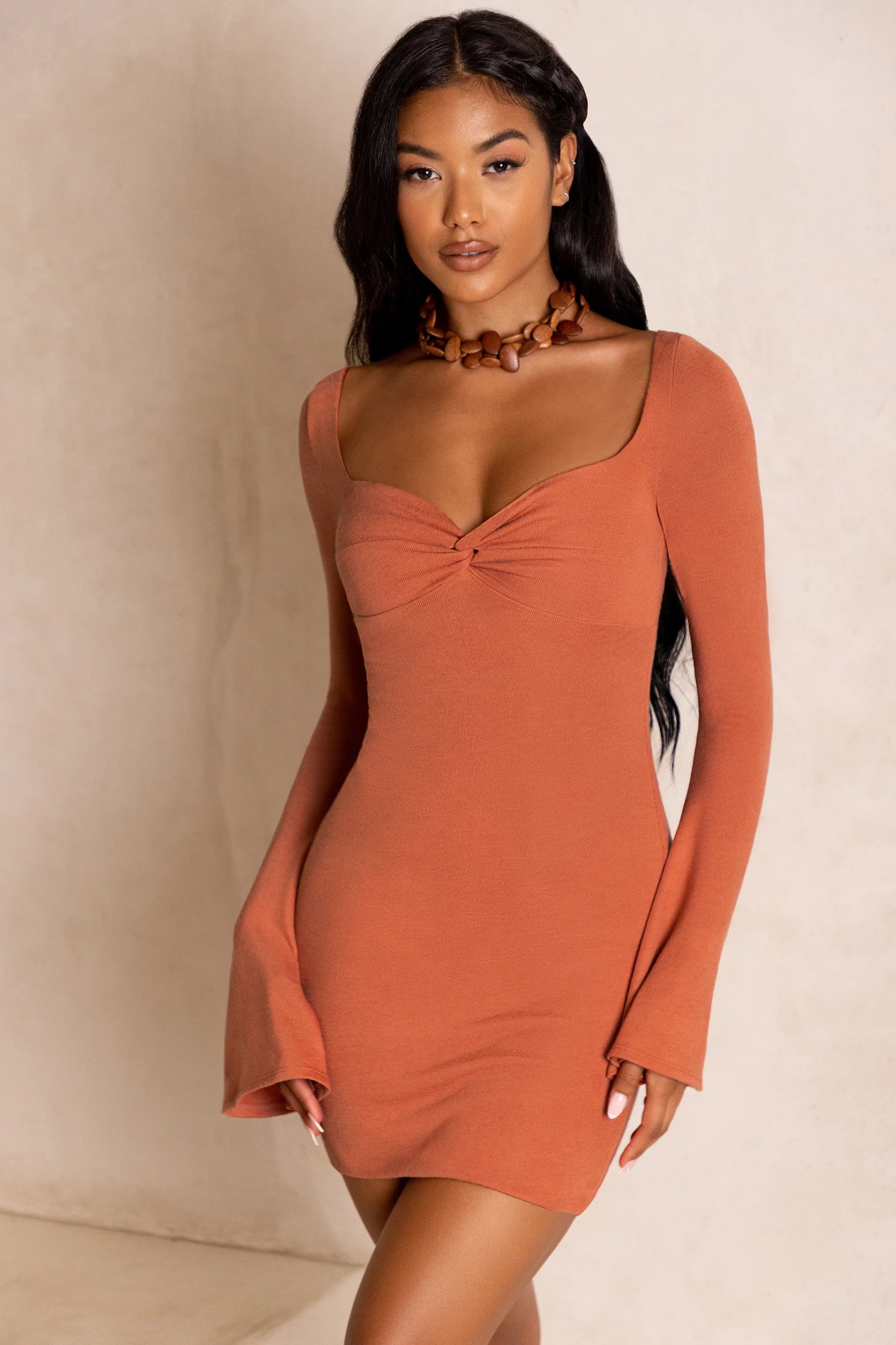 Flare Sleeve Mini Dress in Rust