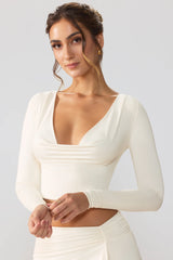 Slinky Jersey Plunge Neck Long Sleeve Crop Top Top in Ivory