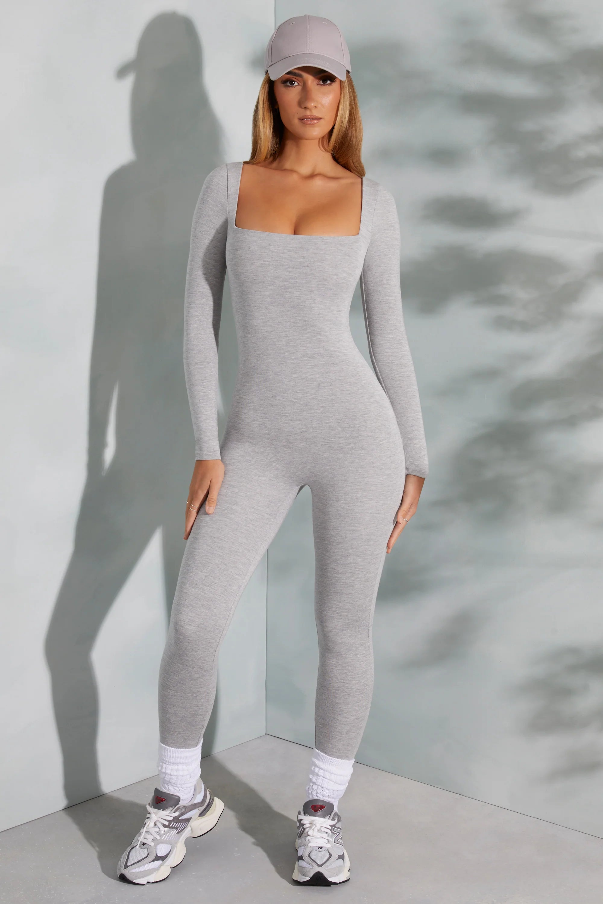 Square Neck Long Sleeve Jumpsuit in Marled Grey