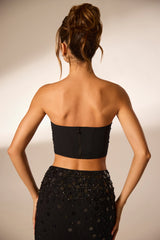 Von Hand verziertes Bandeau-Korsett-Crop-Top in Schwarz