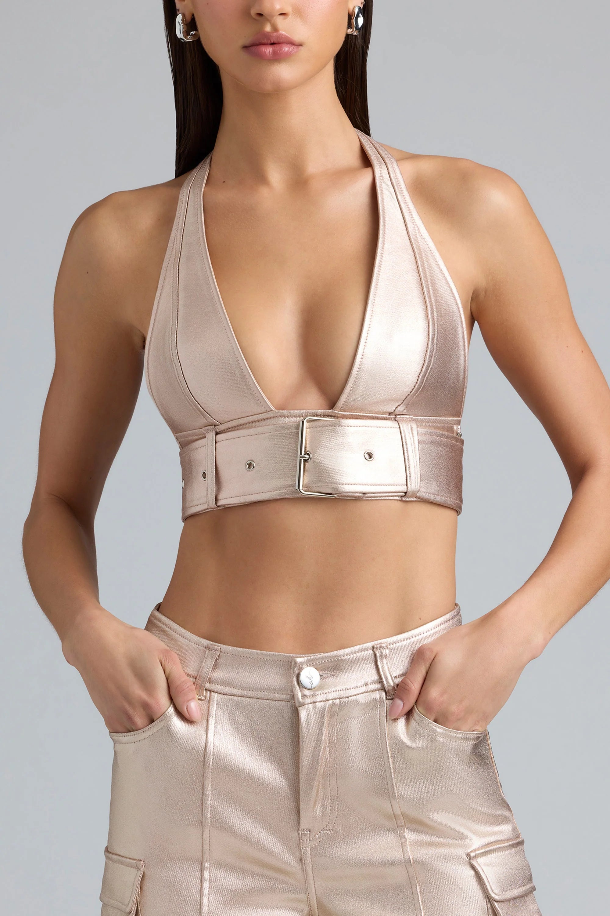 Metallic Denim Belted Crop Top in Champagne