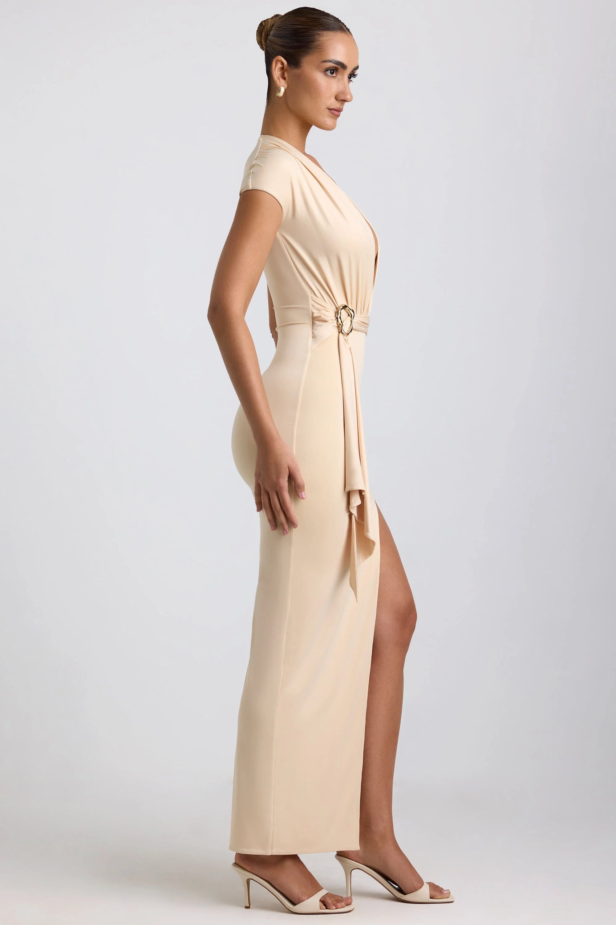 Slinky Jersey Plunge Hardware Detail Maxi Dress in Buttercream