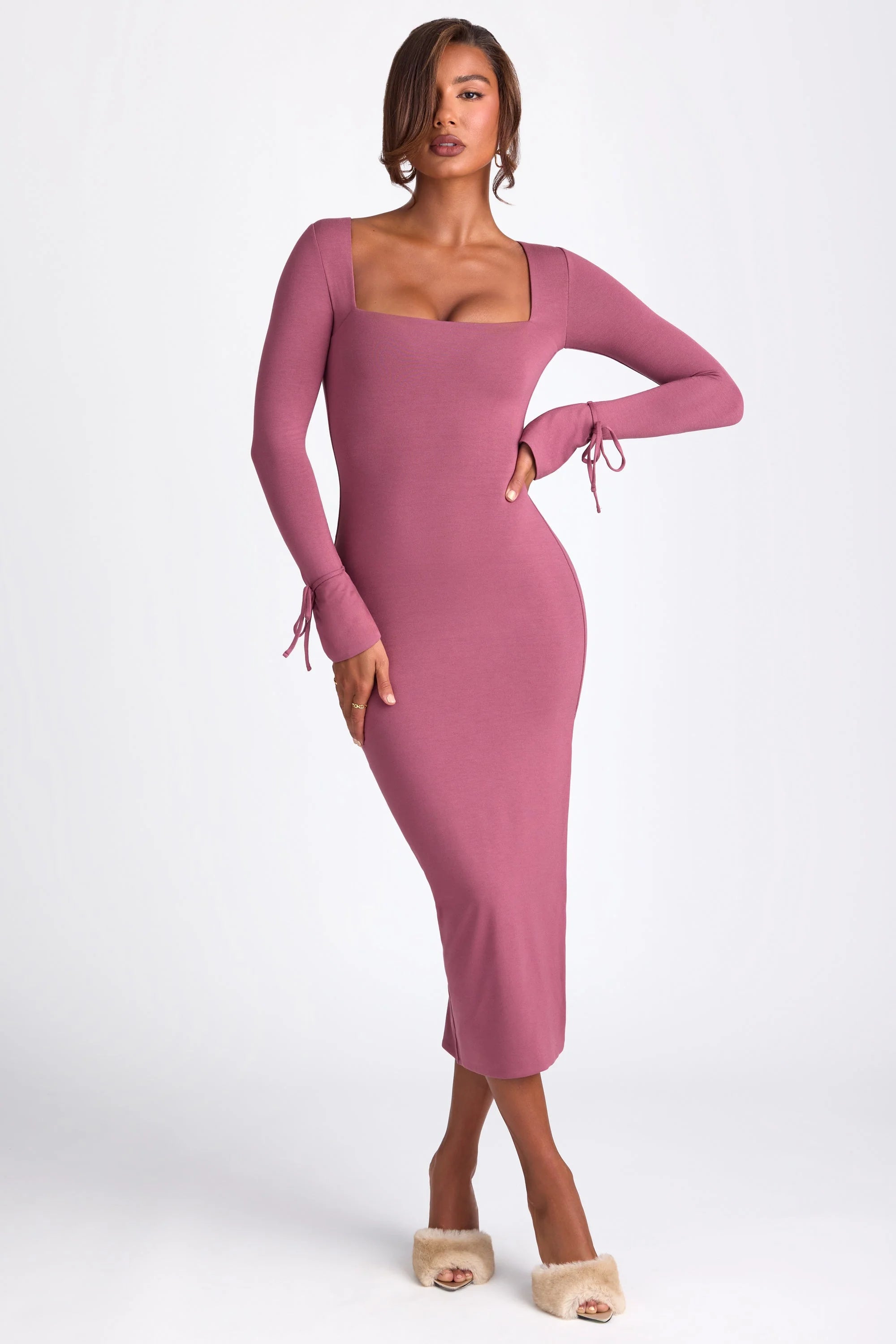 Modal Square Neck Long Sleeve Midaxi Dress in Plum