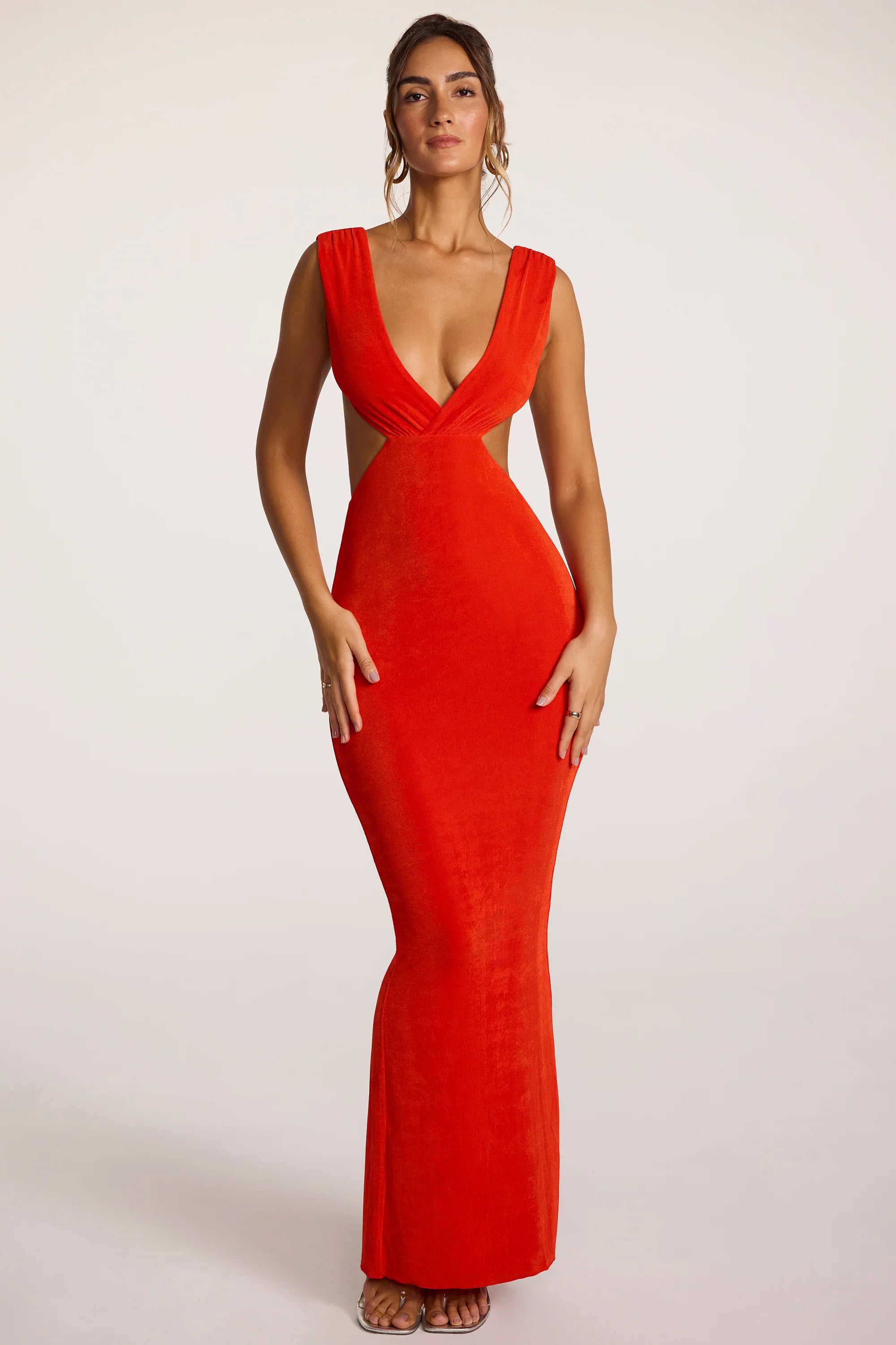 Textured Jersey Plunge Neck Maxi Dress in Fiery Red