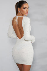 Long Sleeve Embellished Backless Mini Dress in Ivory