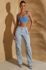 High Waist Wide Leg Cargo Trousers in Light Blue