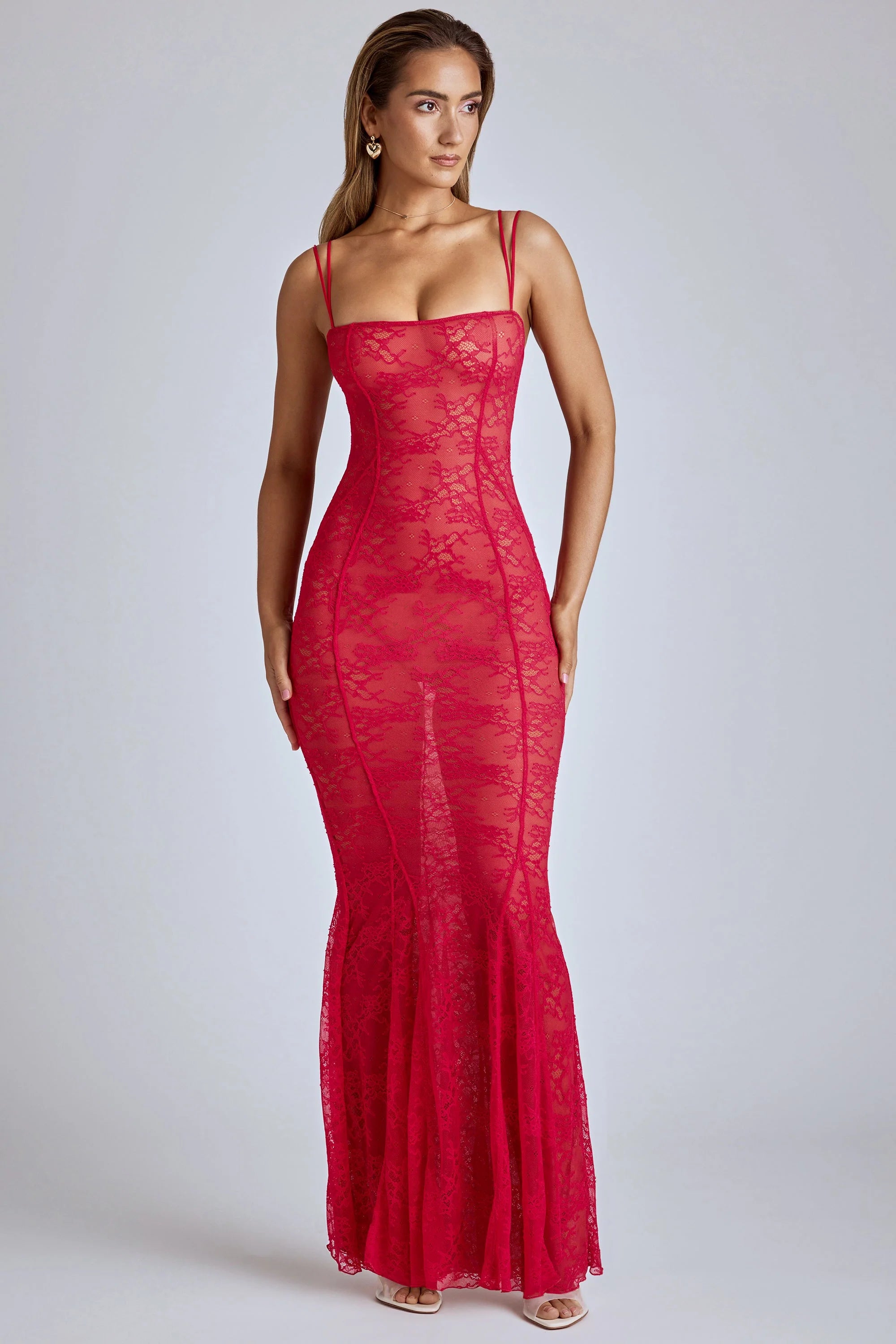 Sheer Lace Fishtail Gown in Cherry Red