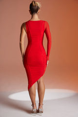 Asymmetric Single Sleeve Midi Dress in Red