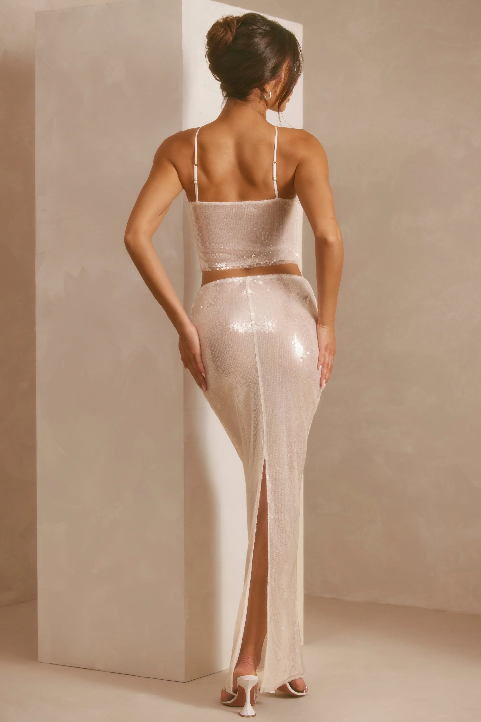 Sheer Sequin Mid Rise Maxi Skirt in White