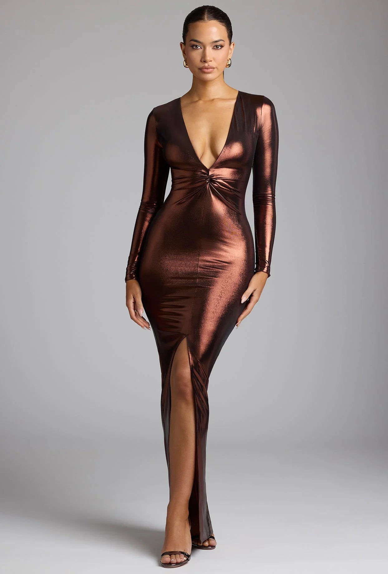 Langärmliges Abendkleid aus Metallic-Jersey in Kupferbronze