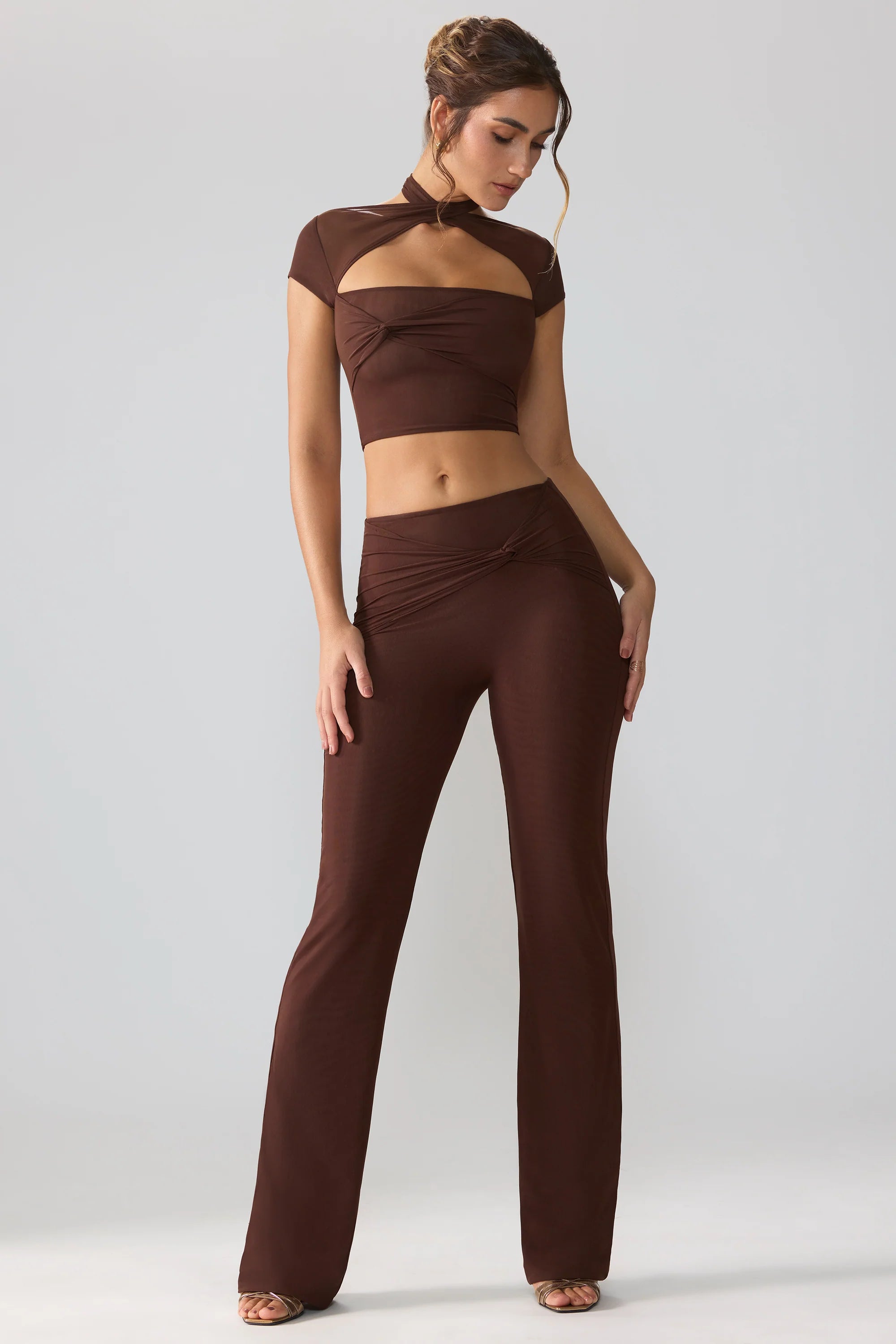 Mesh Mid Rise Twist Overlay Flare Trousers in Espresso