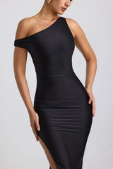 Gerafftes, asymmetrisches One-Shoulder-Maxikleid in Schwarz