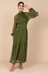 Julip Sheer Long Sleeve Maxi Dress - Olive