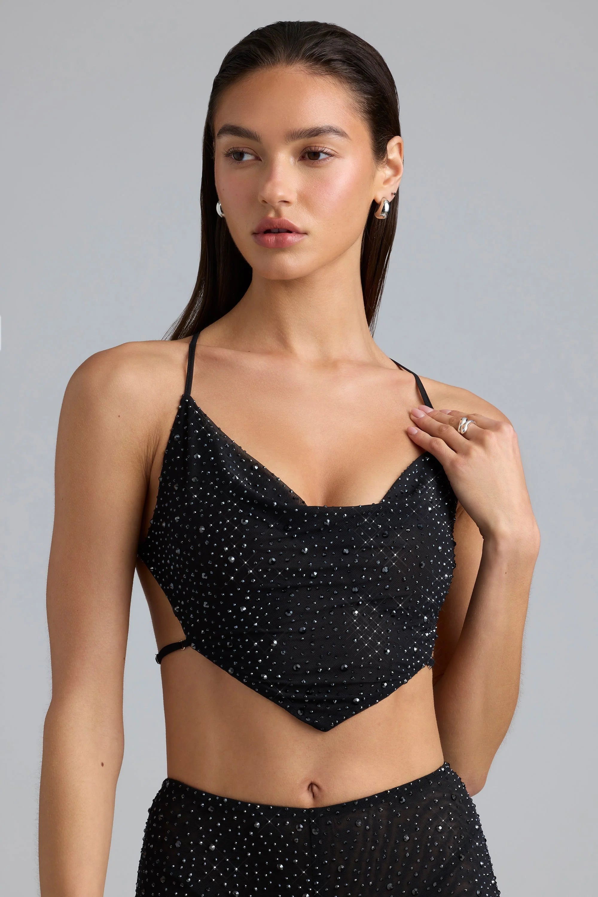 Embellished Cowl-Neck Crop Top in Black