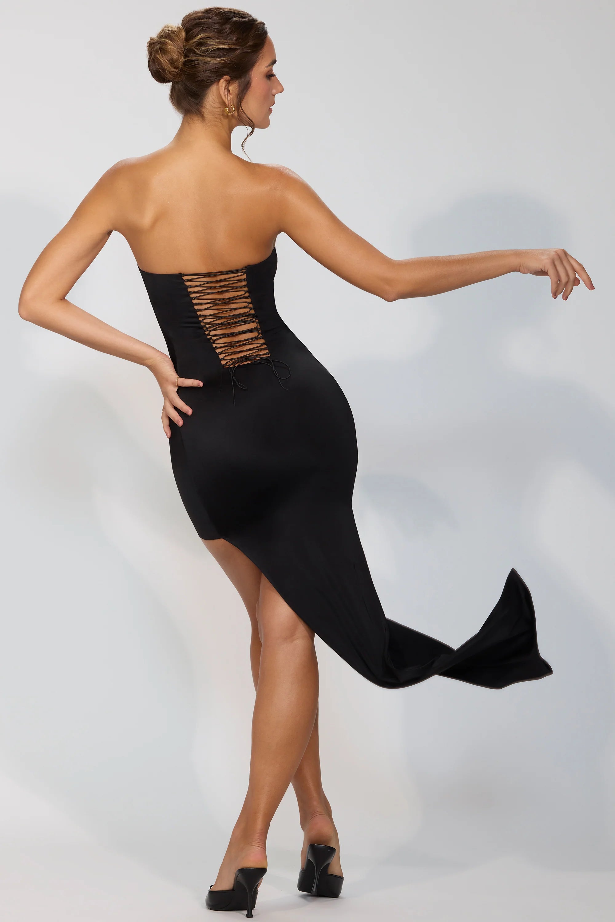 Premium Jersey Lace Up Back Mini Dress with Train in Black