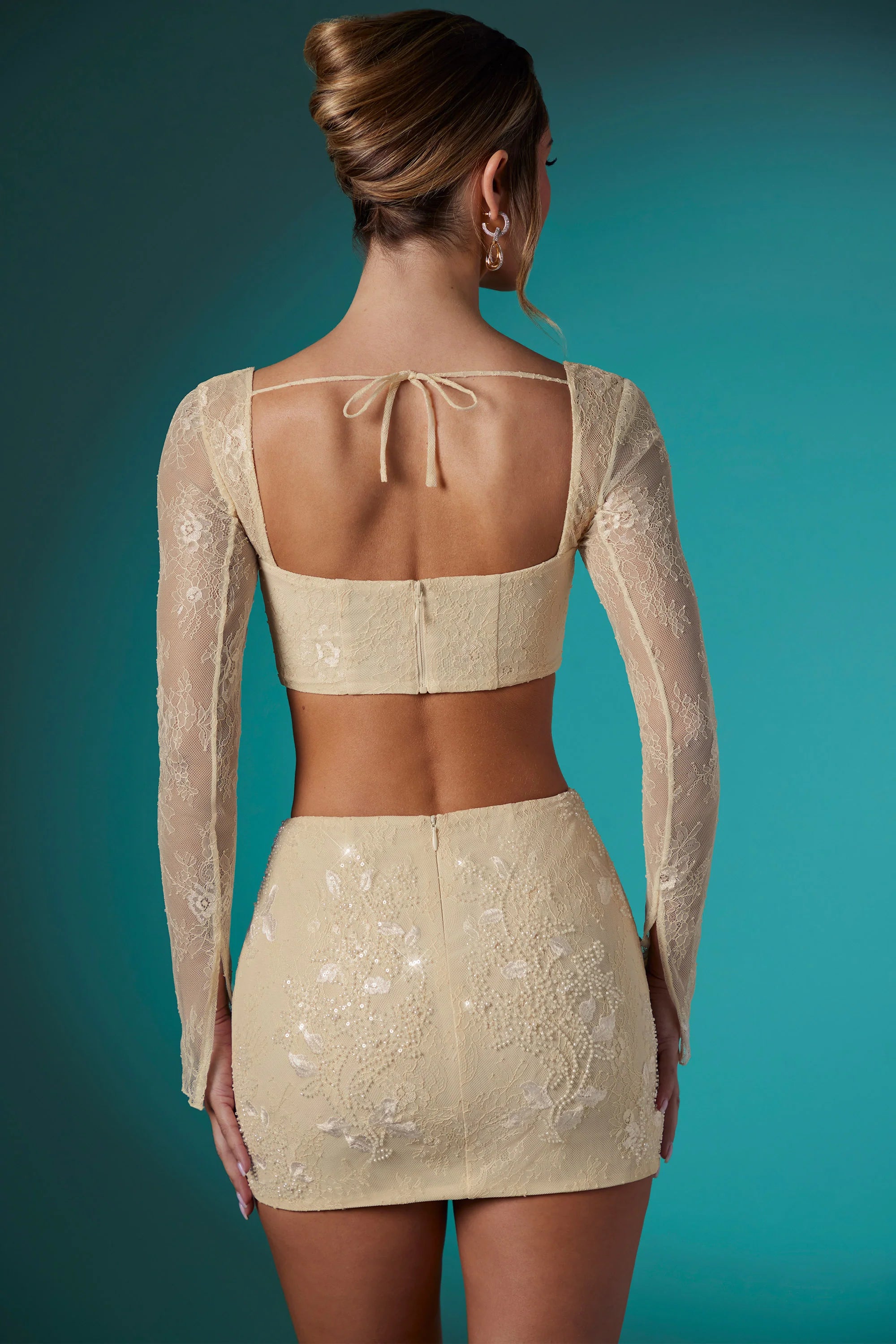 Long Sleeve Embellished Lace Corset Crop Top in Ivory