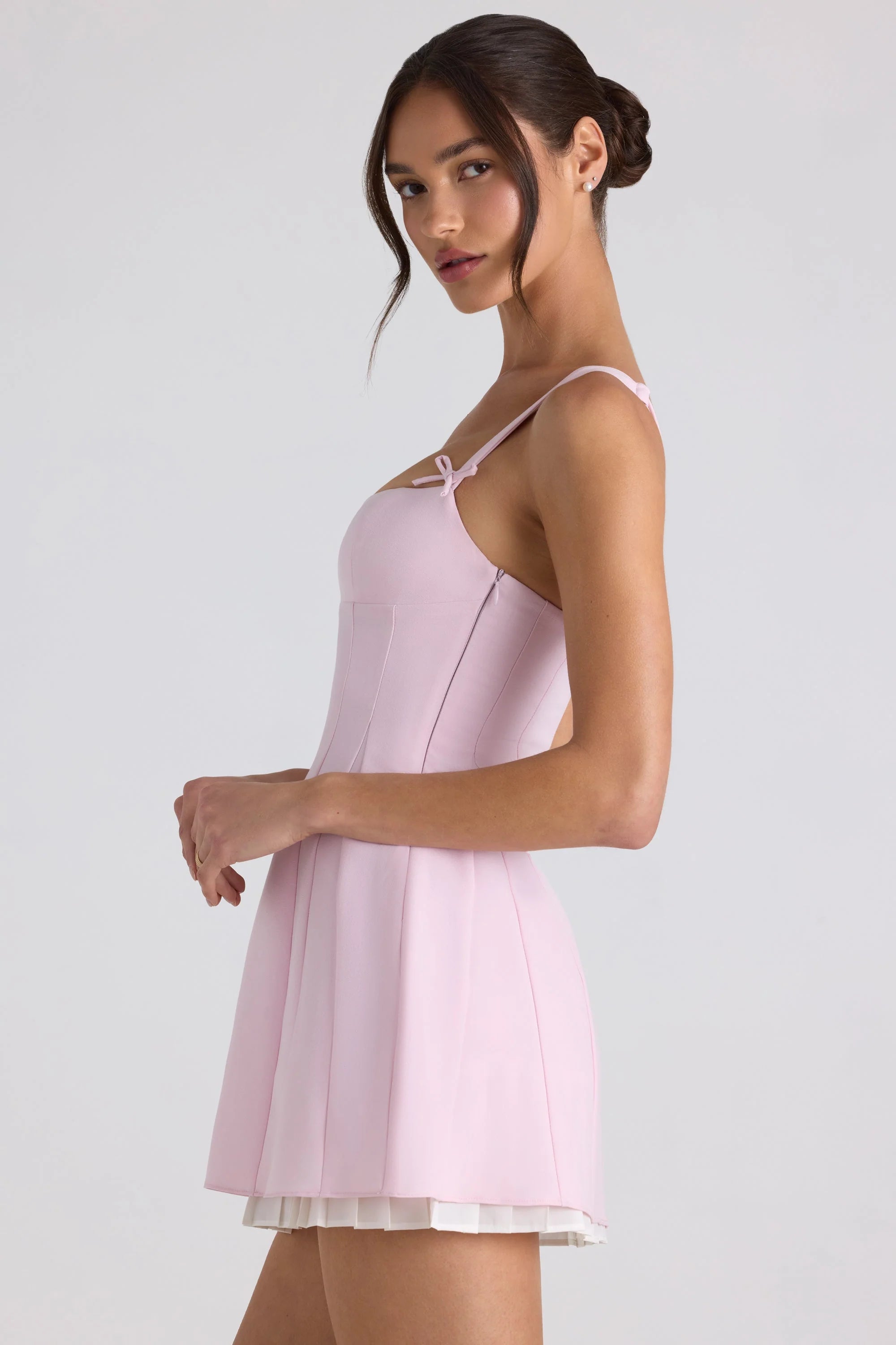 Bow-Embellished Pleated A-Line Mini Dress in Soft Pink